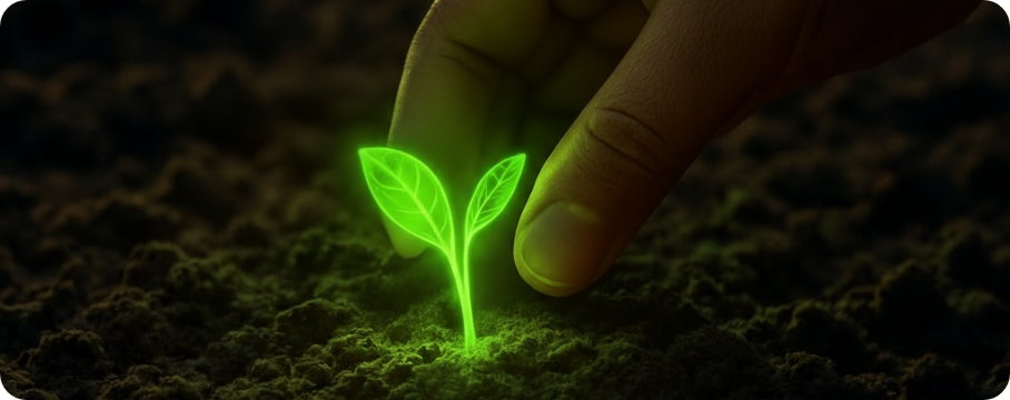 A close-up of a hand gently touching a small glowing green sprout