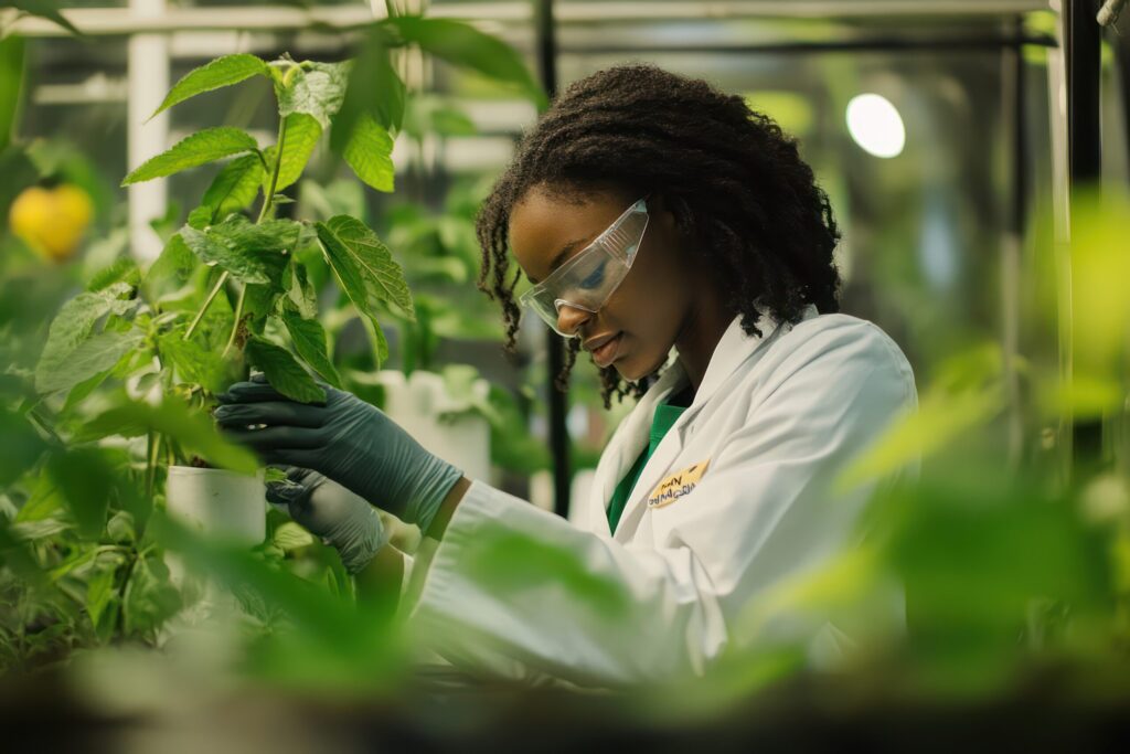 A scientist wearing a lab coat, gloves, surrounded by green foliage.