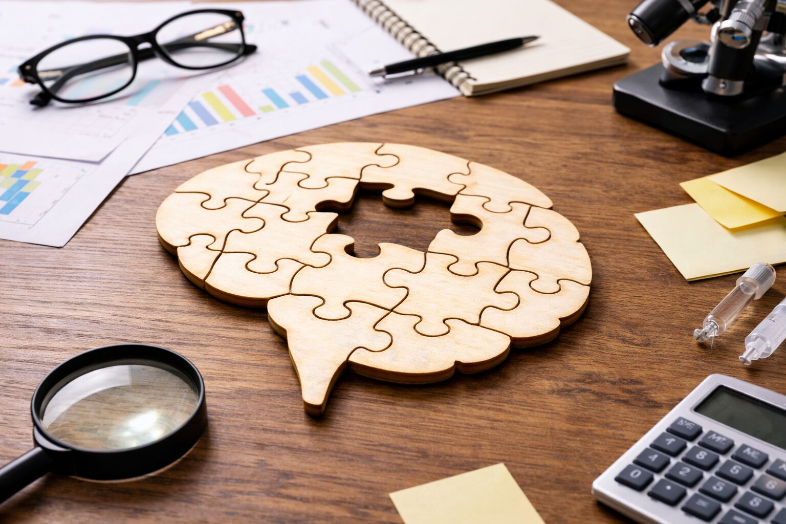 Researcher items on a desk surround wooden puzzle of the brain.
